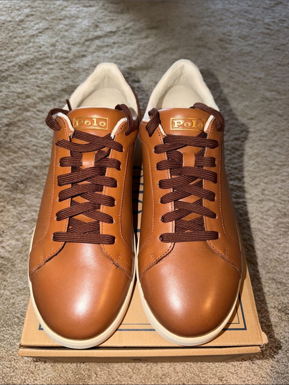 Polo by Ralph Lauren Men’s Brown Leather Low-Top Sneakers with White Soles